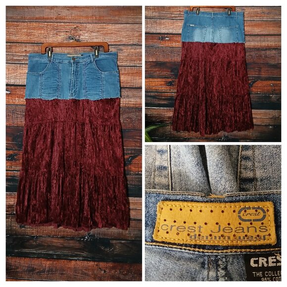 Custom Made Upcycled Jean Denim Crushed Velvet Maxi Skirt Boho Hippie - Picture 1 of 8